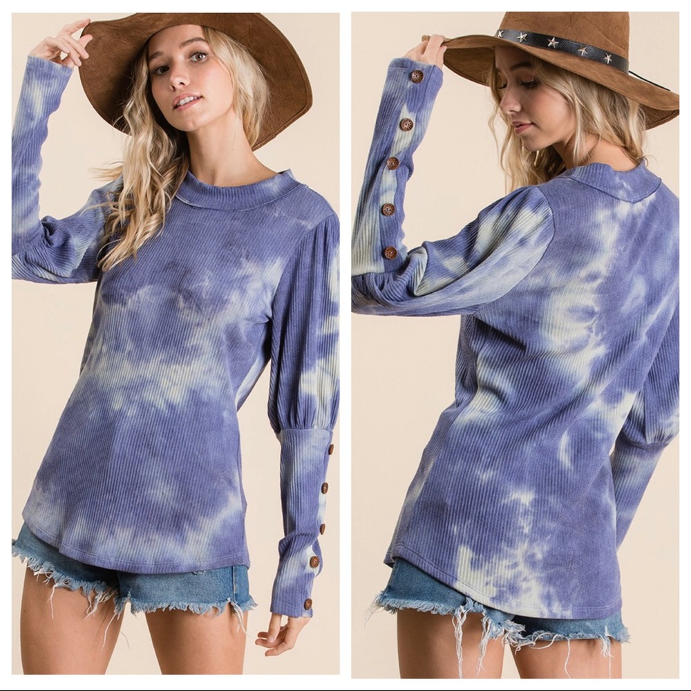 Tie Dye ribbed fabric puff sleeve and raw edge top - Picture 4 of 5